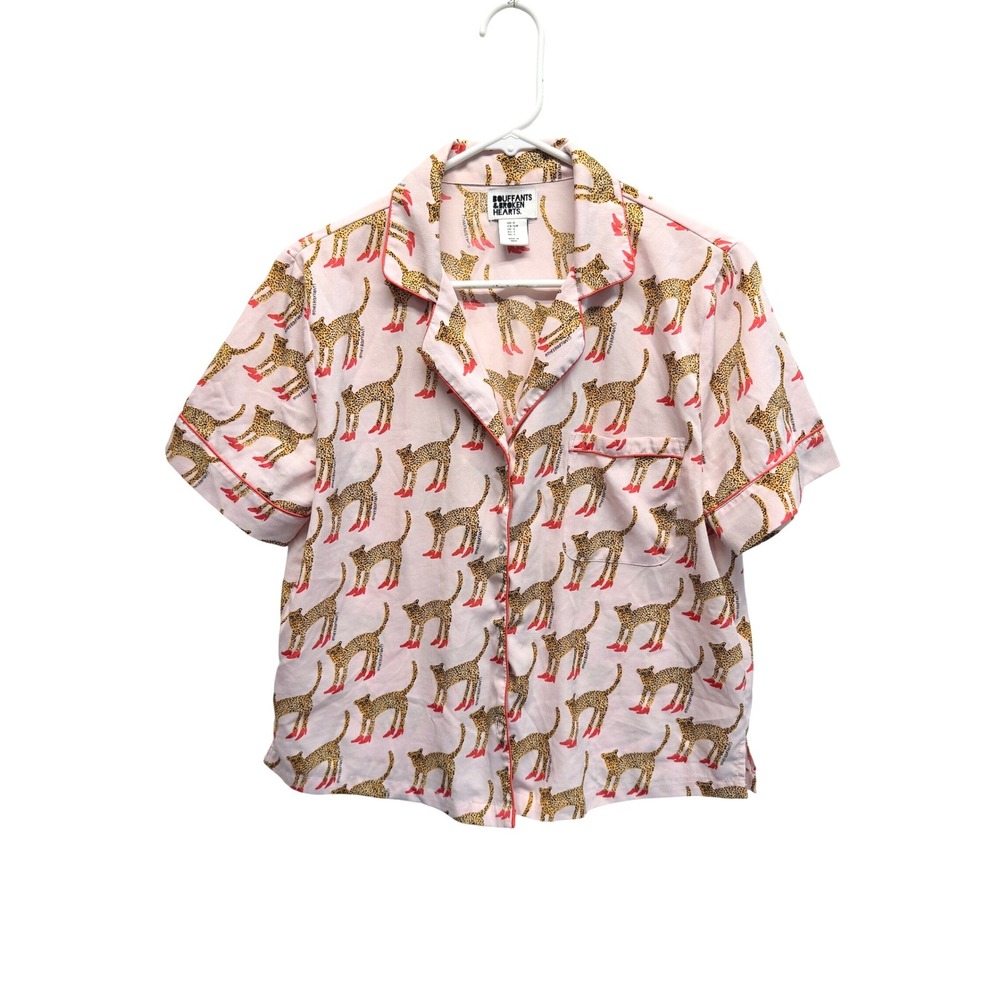 Bouffants & Broken Hearts Pajama Top Leopard Heels Small‎ Pink Women